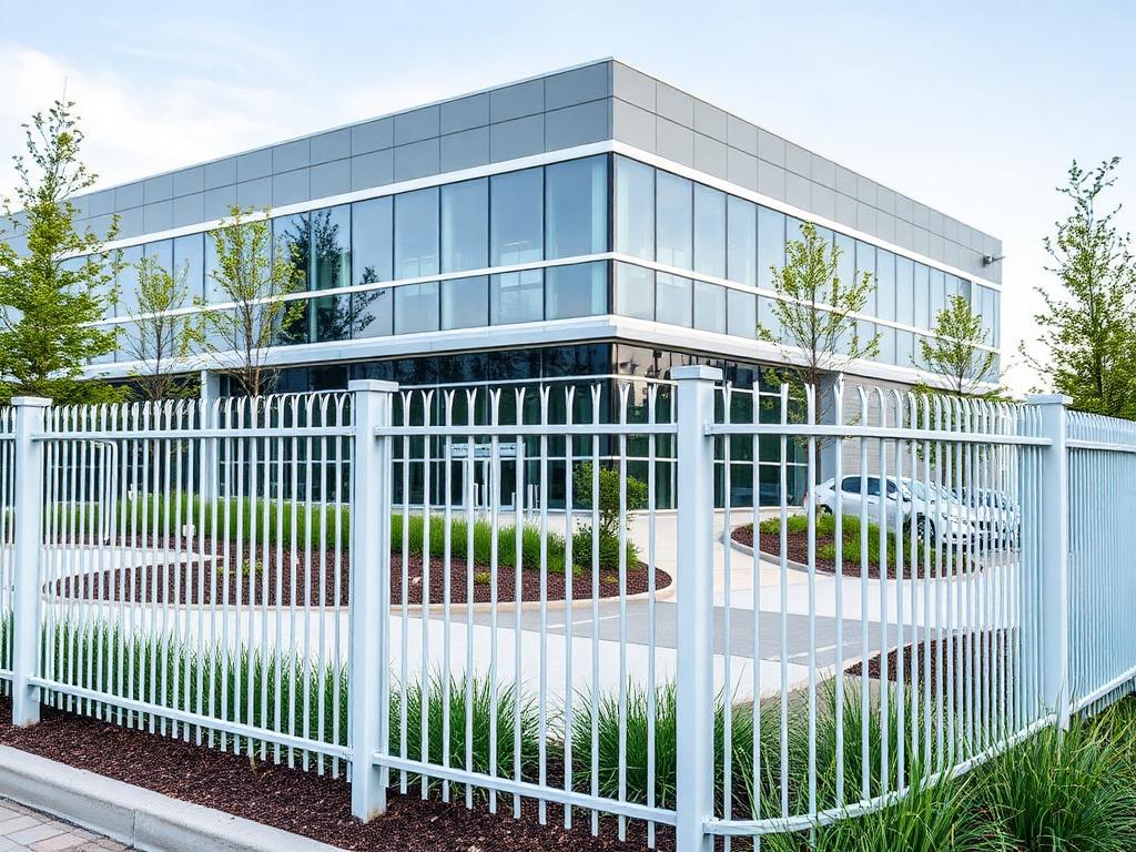 Modern commercial fencing surrounding a corporate office building