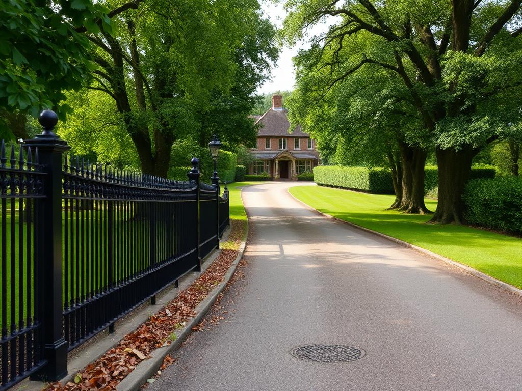 Traditional black metal estate fencing along a country driveway