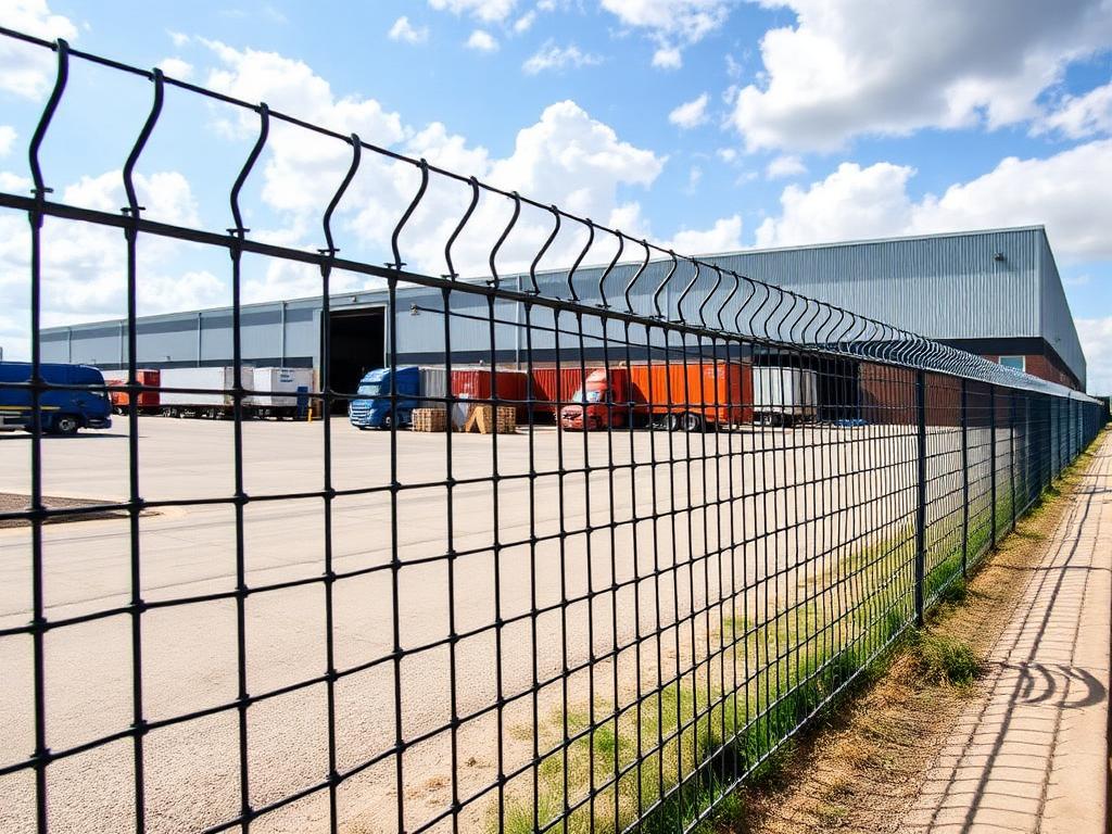 Heavy duty industrial fencing around a warehouse logistics yard